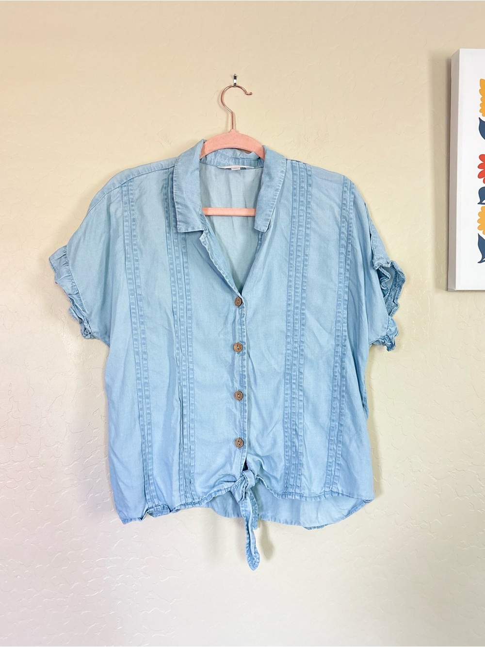 Lauren Conrad Blue Chambray Tie Front Button Up Ruffle Top Large
